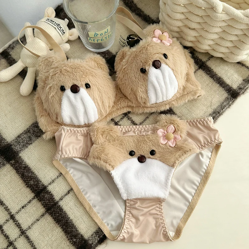 

Plush Little Bear Japanese Girls Gather Autumn/winter Underwear Set Kawai Lolita Girls' No Steel Rim Bra 2024 New Edition