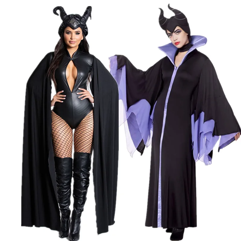 

Devil Black Queen Cosplay Halloween Costume Women Purple Wicked Witch Costume Fancy Dress With Leather PU Horn Outfits