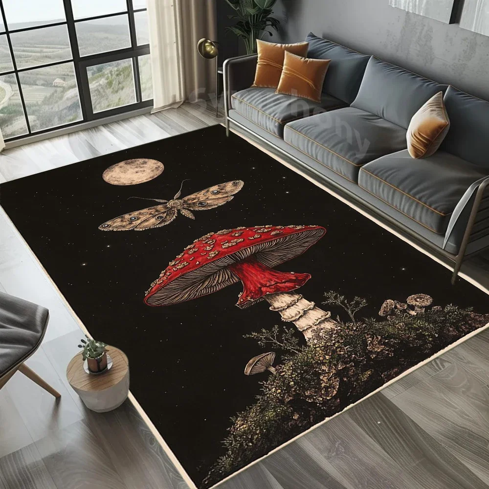 Red Mushroom Butterfly Carpet Starry Moon Rug Mat Home Decoration Mystic Night Pattern Non-Slip Soft Floor Mat for Living Room