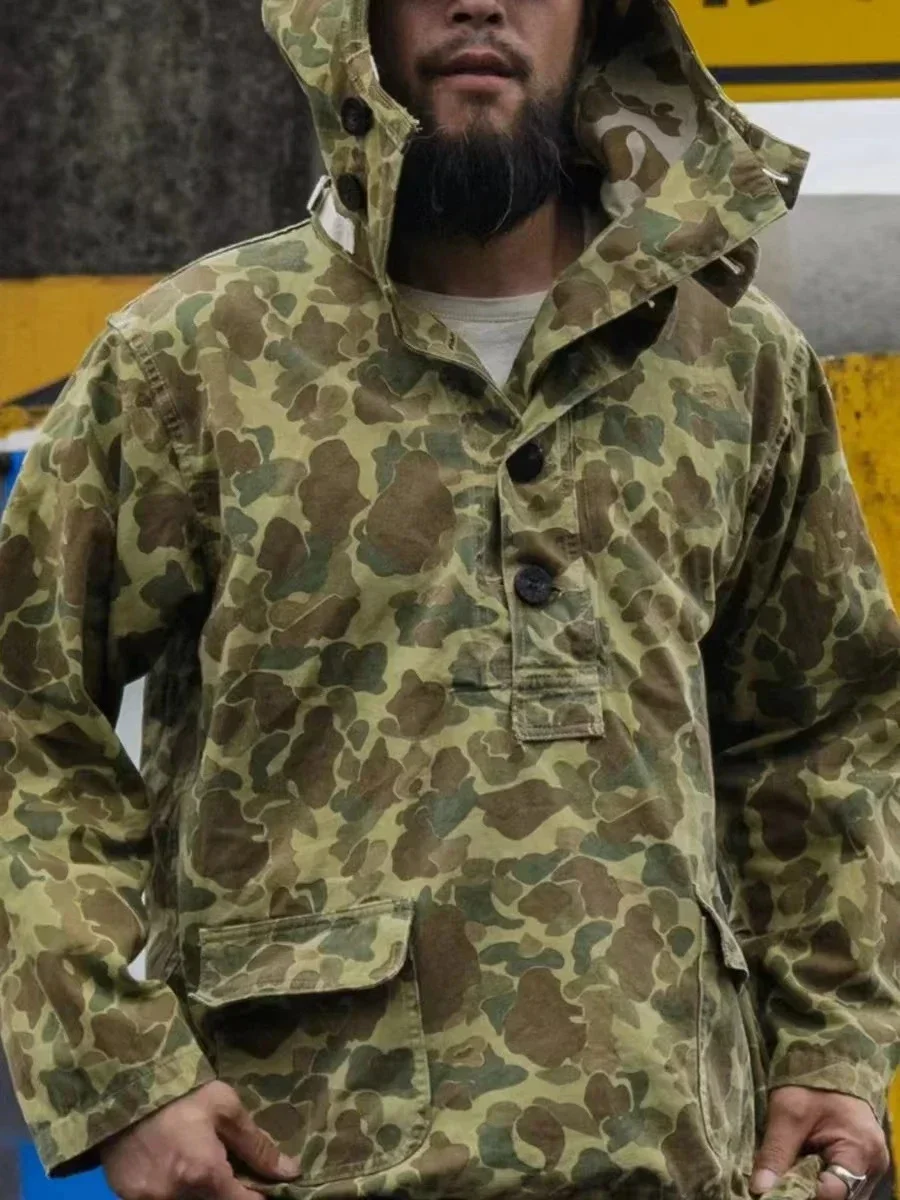 Rugged Bronson Selvage Denim & Duck Hunter Camouflage Gunner Smock Vintage Hooded Pullover