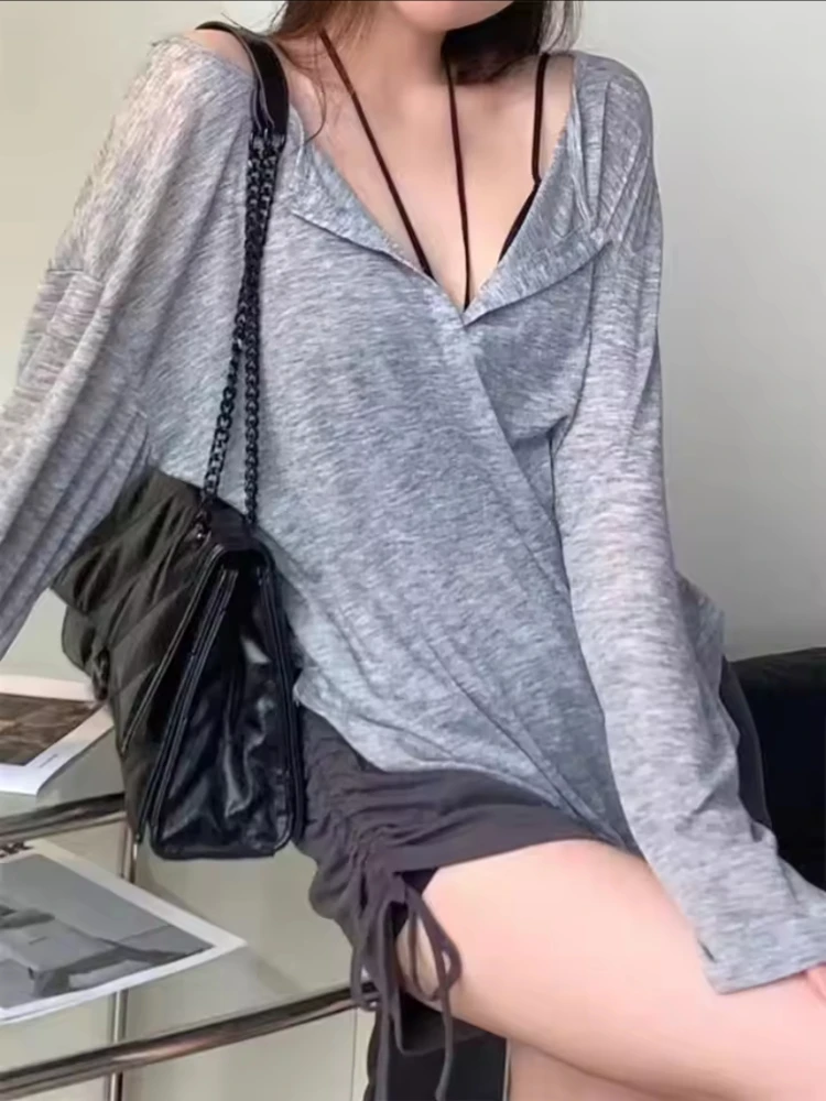 

Fashion Women Long Sleeve Tops Korean Streetwear Loose Solid Sexy Club Summer Casual Transparent Thin Folds Tee Shirt