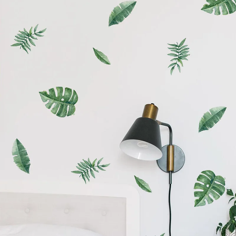 `Watercolor Scattered Tropical Green Leaves Wall Sticker Monstera Palm Leaf Vinyl Decal Boho Foliage For Living Room Bedroom Hom