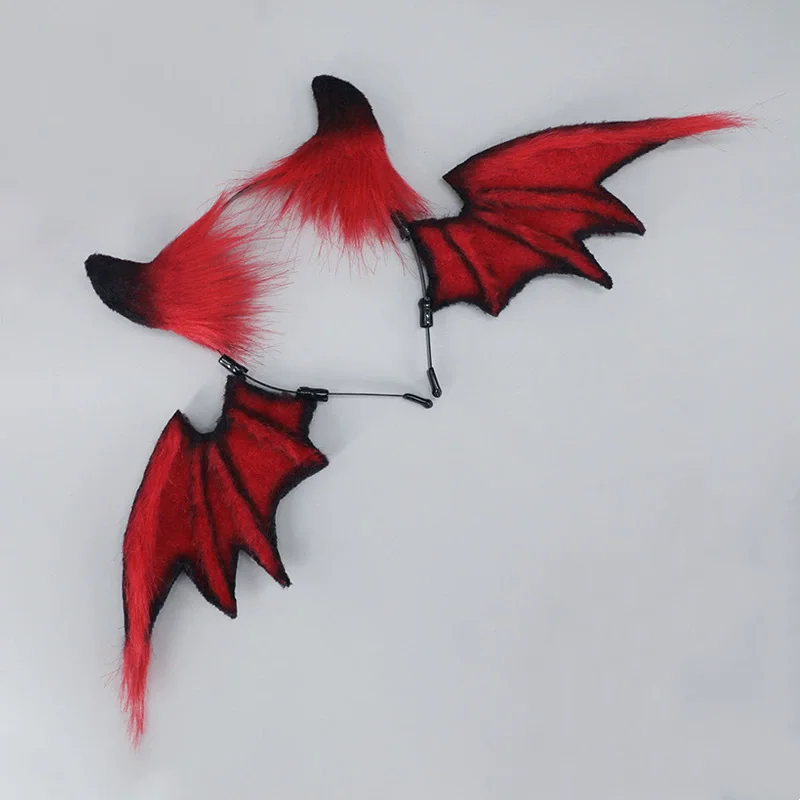 Fatto a mano Rosso Peloso Diavolo Pipistrello Fascia Orecchie di animali di Halloween Copricapo peloso Subcultura Ragazza Notte Festa Inferno CoolCosplay Puntelli
