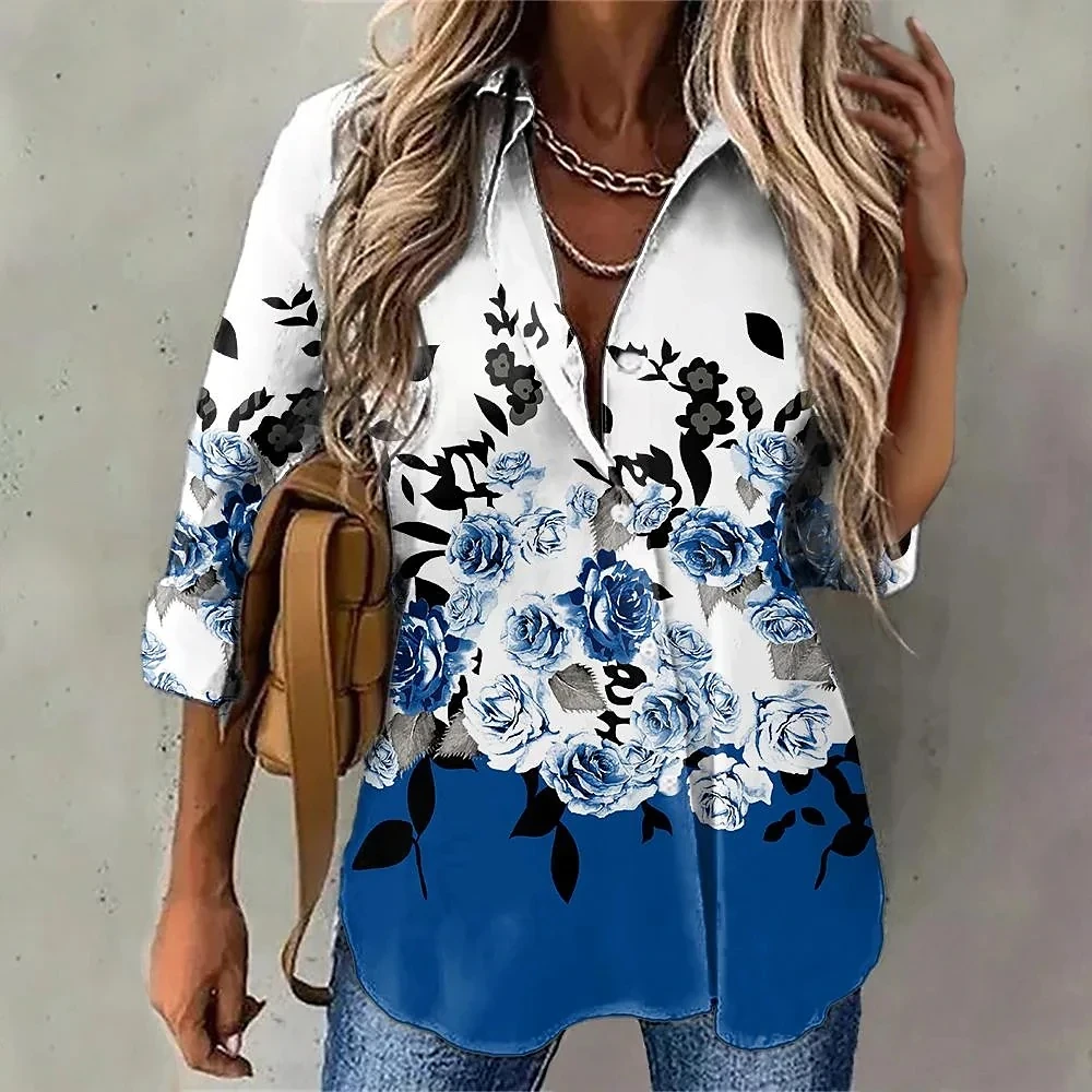 2025 Women's Shirts & Blouses Elegant Flower Printing Button Long Sleeve Casual Shirt Fit 2024 Summer Female Clothing Tops 5XL