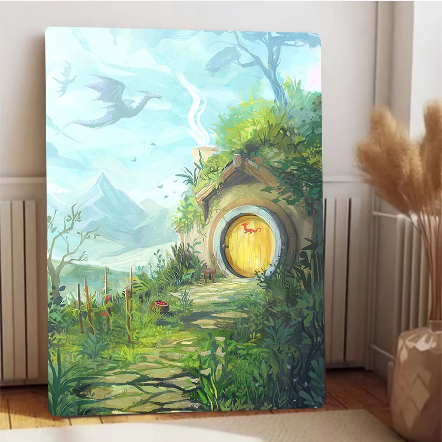 ملصق معدني بفتحة الهوبيت مع طباعة فنية لتزيين المنزل على شكل تنين وجبل #4