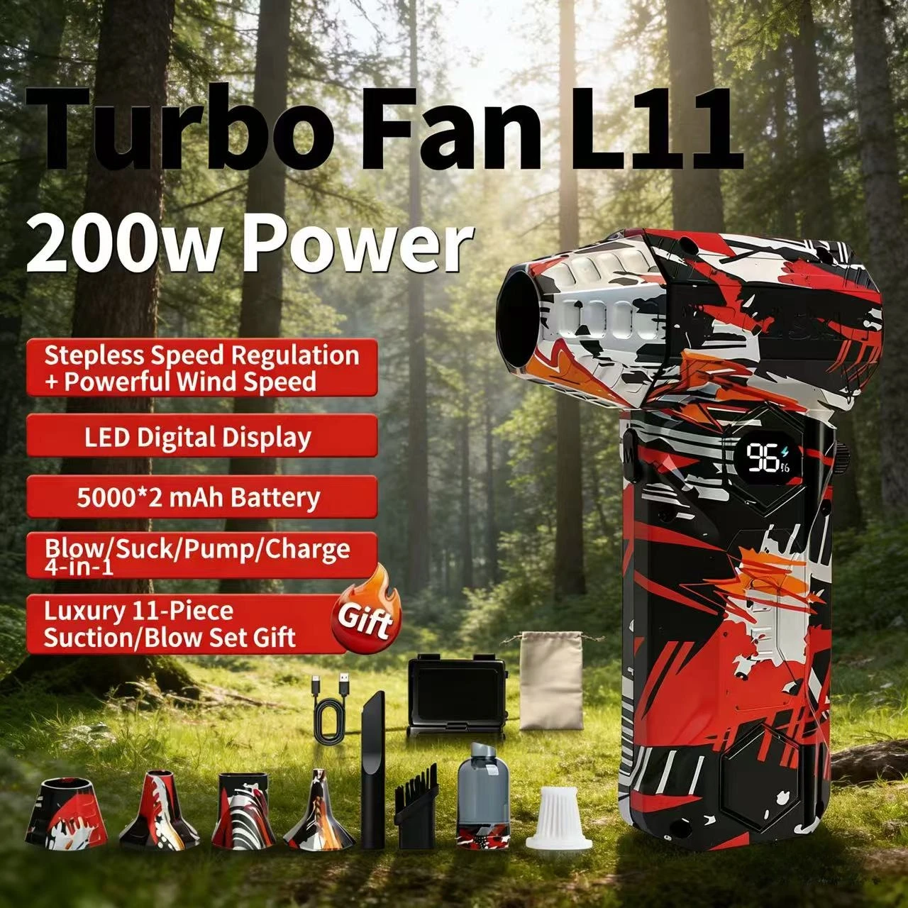 

L11 turbine hair dryer, with a rotational speed of 990,000 RPM, wind speed of 75 m/s, brushless motor,chargeable,extensive use.