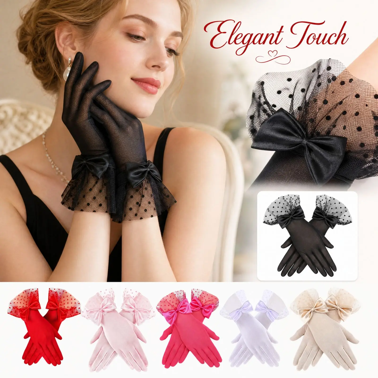 Ladies Polka Dot Mesh Lace Gloves Cute Bow Decor Ruffle Edge Tulle Gloves for Wedding Bridal Tea Party Costume Cosplay Accessory