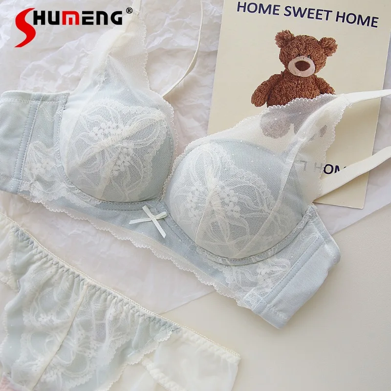 

Pure Desire Mesh Lace Intimates Women's Small Chest Push Up Medium Thick Bra Set Female Sexy Solid Wireless Brief Suits