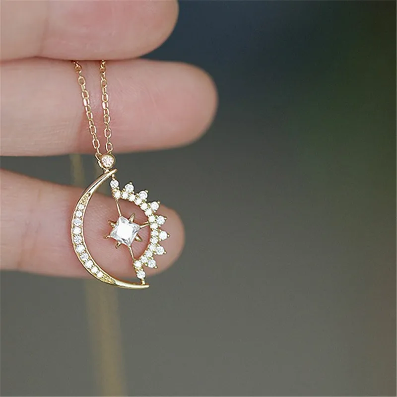 

S925 Pure Silver Electroplated 14K Gold European Star And Moon Pendant Necklace For Women Exquisite Anniversary Gift Jewelry