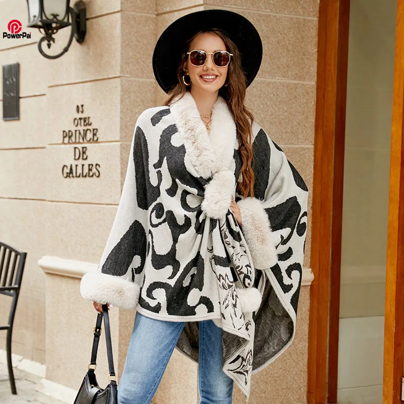 

Fashion Knit Acrylic Faux Fur Cape Coat Bats Sleeve Loose Contrast Black Jacquard Cardigan Cloak Women Autumn Winter Shawl