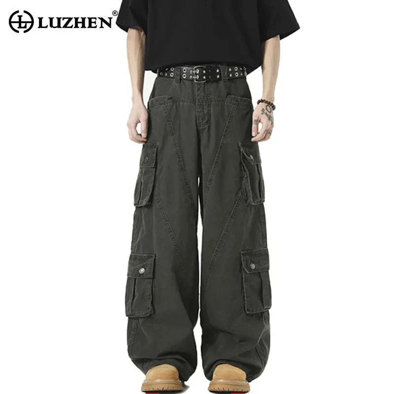 

LUZHEN 2025 New Solid Color Multi Pockets Design Cargo Casual Pants Men Trendy Street Straight Wide Leg Trousers Clothes JY2063
