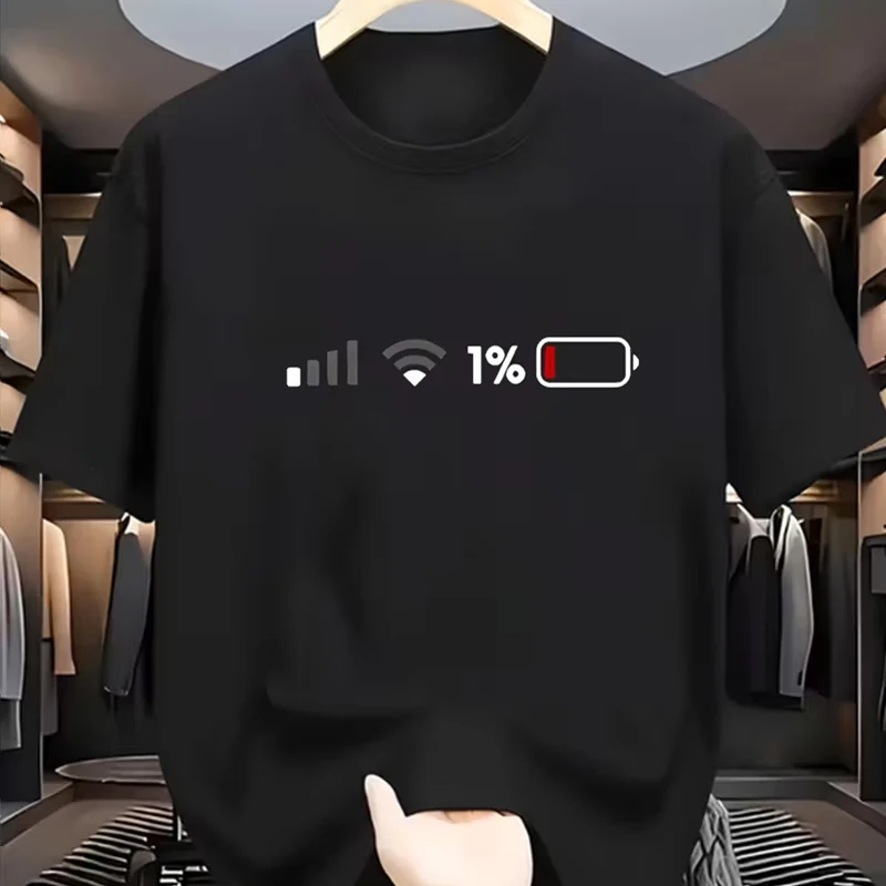 

1% Battery Graphic Unisex T-shirt Casual Crew Neck Oversized Loose Men Woman Tee Funny Trendy Urban Streetwear Soft Clothing