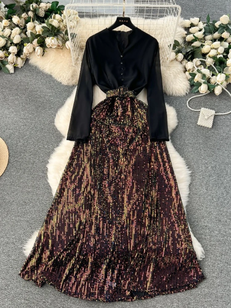

Women Fashion Vintage Elegant A-line Dress Spring V-neck Fake Two Piece Long Sleeved Patchwork Sequin Party Vacation Robe