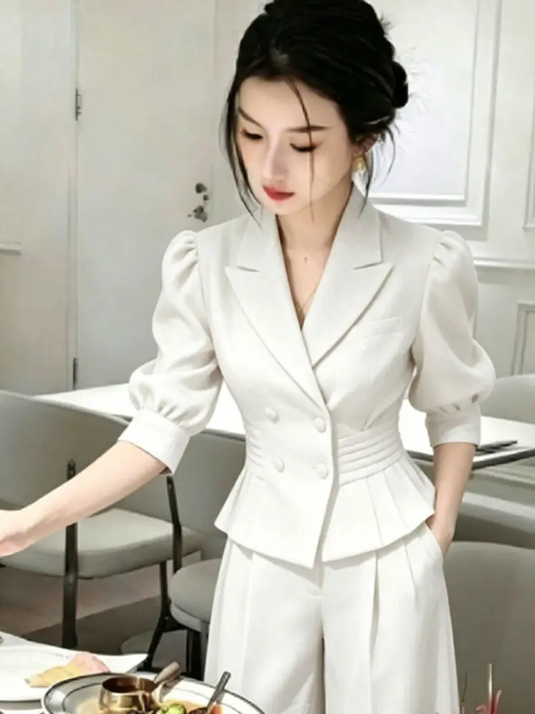 

Summer White Professional Commute Women's Set Slimming Top Pants Two-Piece Trendy Fashionable High Waist Uniform Outfit