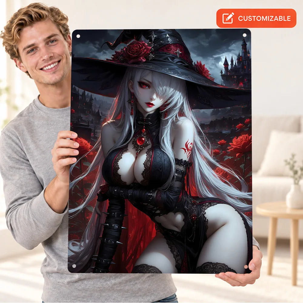 Witch With Red Roses Aluminum Poster Customized Metal Sign Dark Fantasy Illustration Wall Art For Living Room Anime Fan Gift