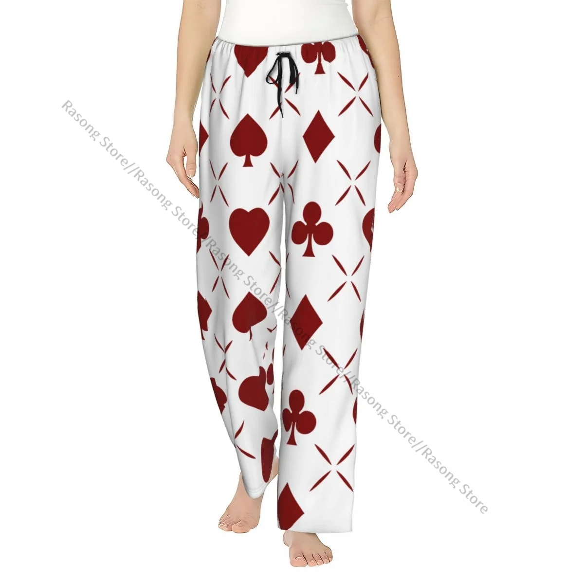 Women Flannel Lounge Pants Soft Red Poker Hearts Clubs Spades And Diamonds Pajama Pants Winter Sleepwear