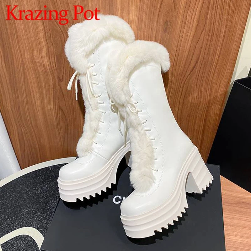 

Krazing Pot Wool Cow Split Leather Round Toe Thick Bottom Nightclub Fashion Snow Boots Keep Warm Fur Zip Mature Thigh High Boots