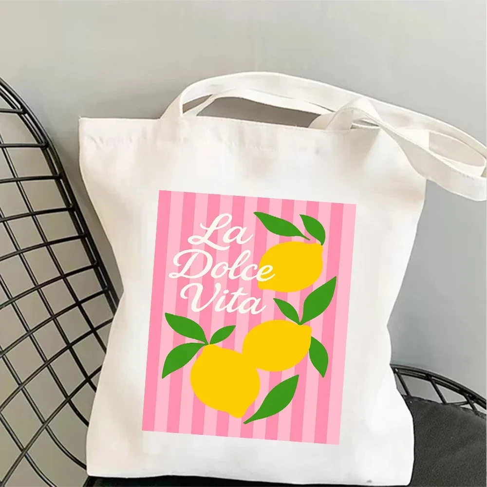 1pc Vibrant La Dolce Vita Lemon Print Canvas Tote Bag Shoulder Bag with Striped Background,Ideal for Summer Vacation Beach Trips