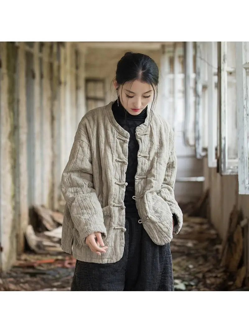 

Winter Women's Cotton Jacket Tie-Dye Embroidered Flax Cotton Blend Warm Coat Improved Personalized Short Cotton Jacket