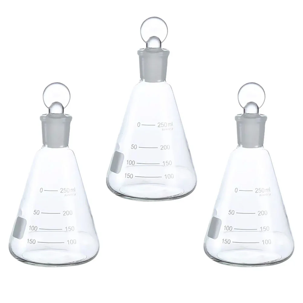 3 قطعة قوارير زجاجية مخروطية سدادة مقياس قياسي قارورة مختبر سميكة ملحقات تجربة الكيمياء للطلاب