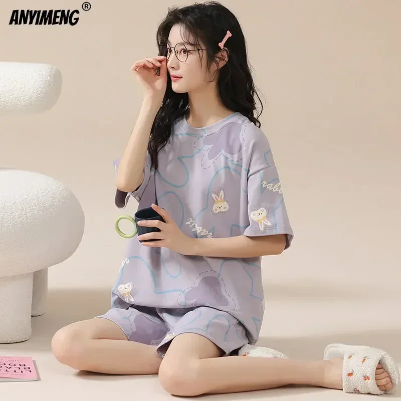 New Summer 100% Cotton Pajamas for Women High Quality Kawaii Pijamas Short Sleeve Shorts Home Suit Lingerie Lady Sleepwear