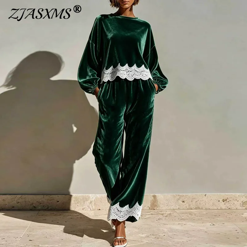 Round Neck Velvet Set Women Balloon Long Sleeve Scallop Lace Hem Top & Wide Leg Pants Suit Elegant Casual Holiday 2 Piece Outfit