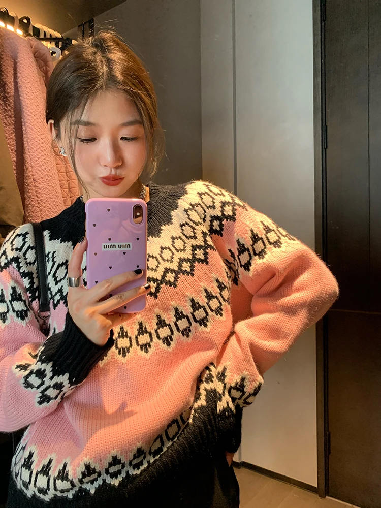 

Pink Sweater round Neck Overhead Women's Small Size Outerwear Autumn Winter Commute Style Regular Thickness Warmth Heating