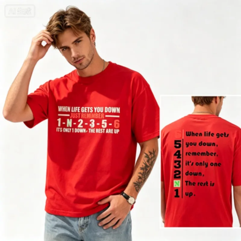 T-shirt for Men When Life Gets You 1 Down 5 Up Motorcycle Shift Graphic Tops Fashion Casual T Shirts Short Sleeved Tees Gifts