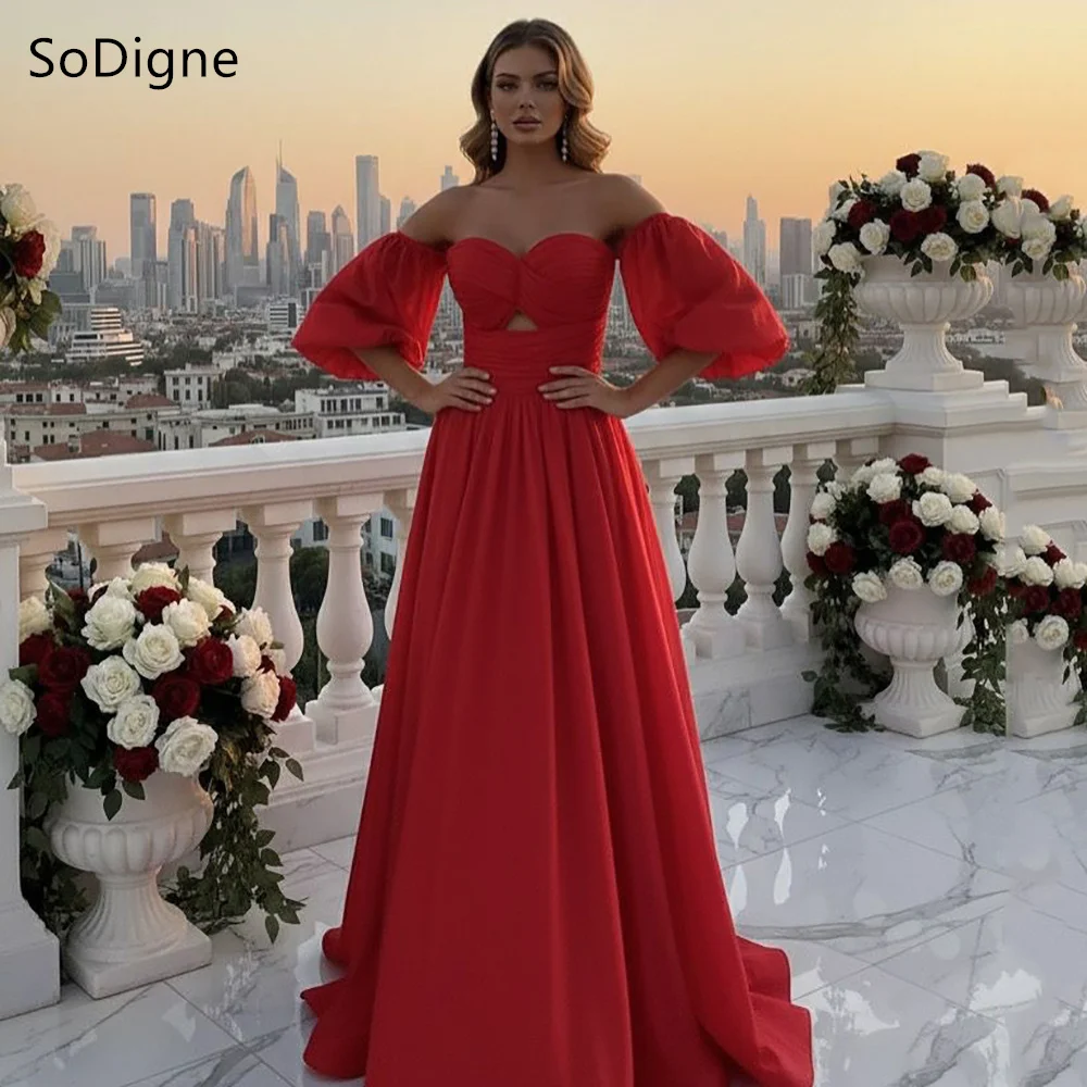 

SoDigne A-Line Red Chiffon Prom Dresses Strapless Pleat Party Dress Charming Draped Floor-Length Gowns Customized