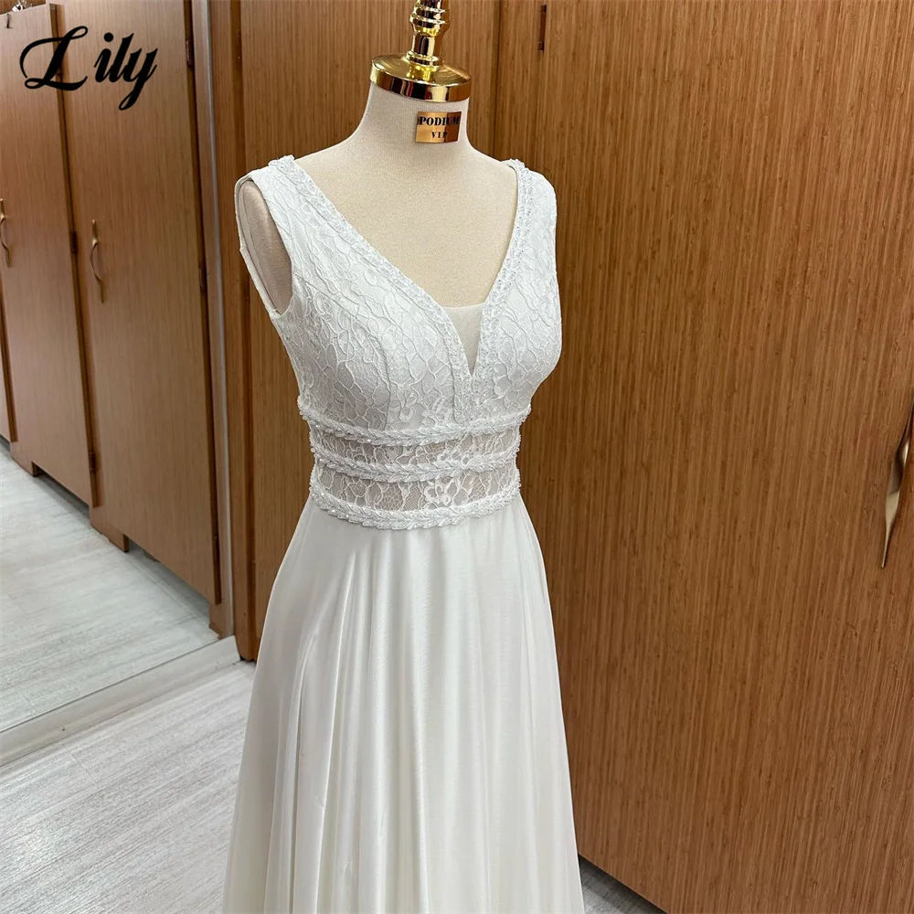 Lily White فستان سهرة V-Neck Lace Prom Dress Sleeveless Chiffion Evening Dresses With Pleats Beading Tank Beach Party Dress