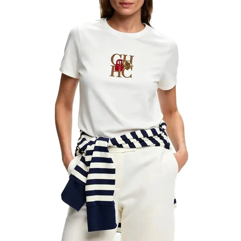 CH Damen Weißes Baumwoll-T-Shirt mit Besticktem Logo Rundhals Kurzarm Atmungsaktives Lässiges Sommer-Oberteil – Detail 8