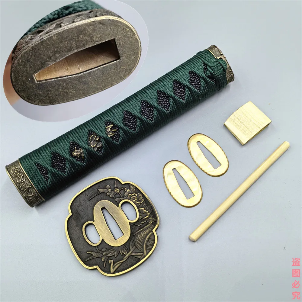 A Set 20CM Tsuka Handle Alloy Tsuba Fuchi Kashira Brass Habaki Seppas Fittings For Tanto Wakizashi Sword Katana Knife Parts