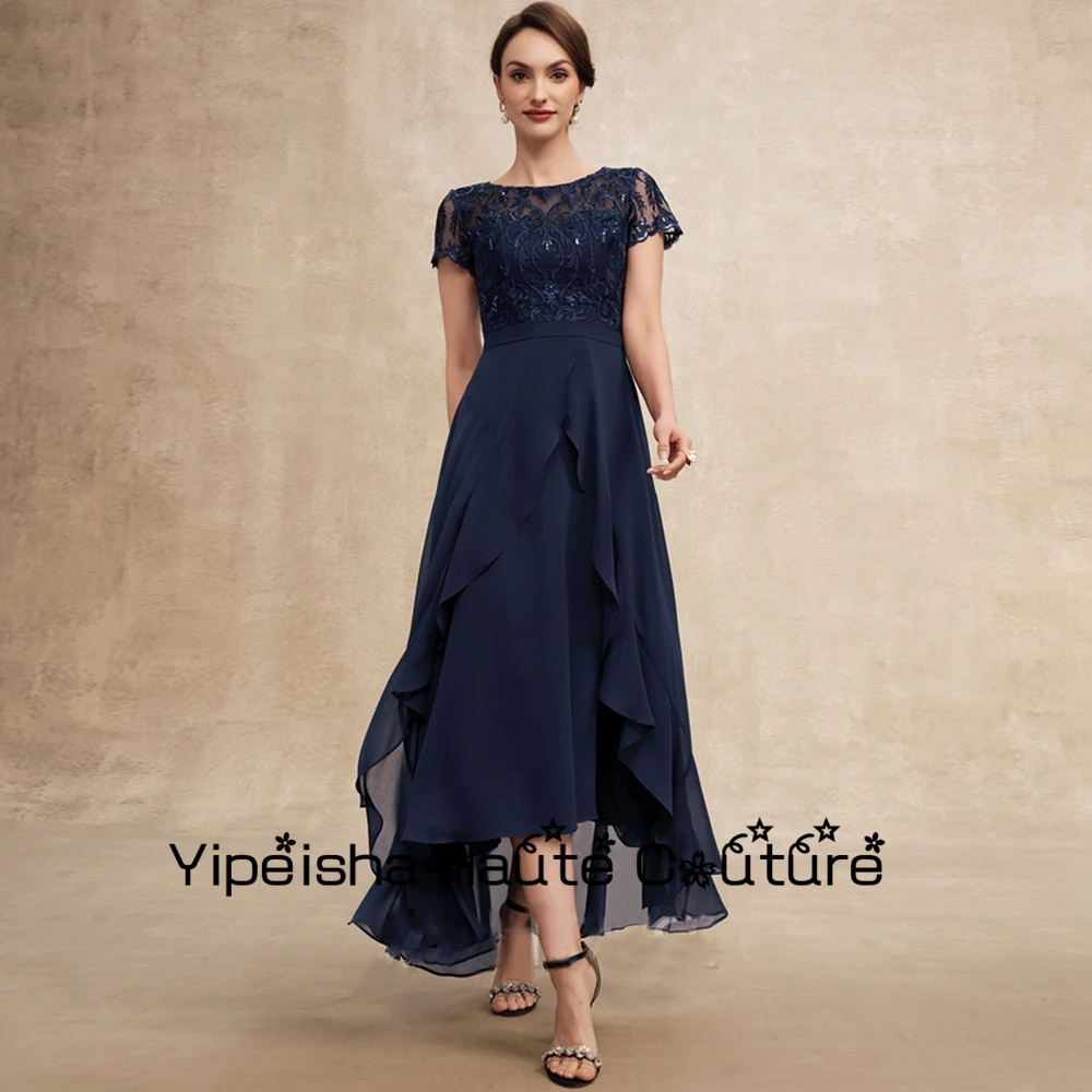 Yipeisha Dark Navy Short Sleeve Chiffon Simple Mother Of Bridal Dresses for Women Sequined Floor Length Wedding Party Gowns 2022