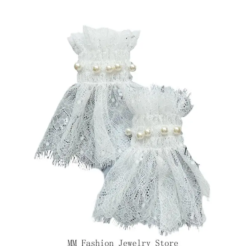 Women Sheer Lace Wrist Cuffs Bells Sleeves With Beadwork Pearls Styling Arm Covers D0UB