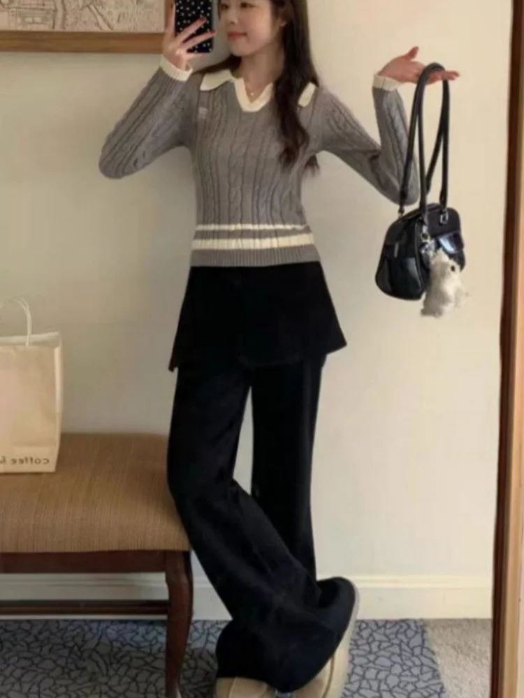 Black Bell Bottom Pants Women's Casual High Waist Zipper Closure Warmth Function Commute Style Pure Color Micro Flared Trousers