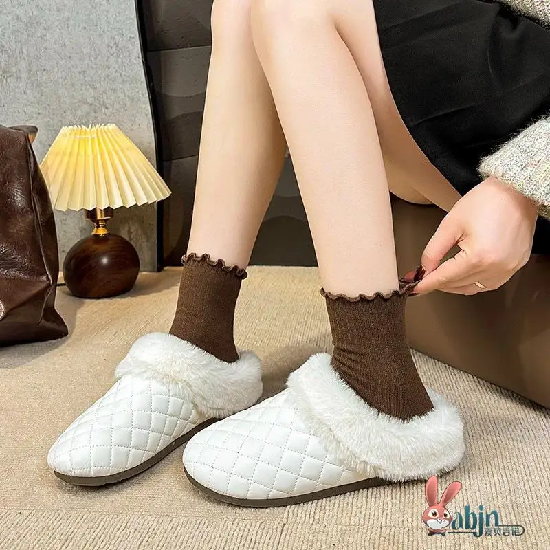 

Women's Fce Lined Slippers Comfortable Thiened Warm Indoor Outdoor Anti-Slip Fur Covered Toe Slippers for Autumn Winter