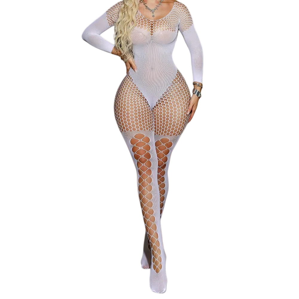 

Соблазнительное белое прозрачное боди из сетки с длинными рукавами, открытой спиной и вырезами, облегающее, цельное, для женщин