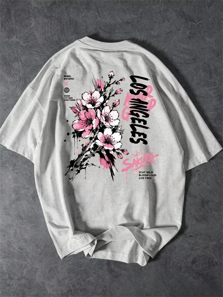 2026 New Men's Summer Los Angeles Letter And Cherry Blossom Print T-Shirt—Soft Breathable Crew-Neck T-Shirt—Outdoor Casual Top