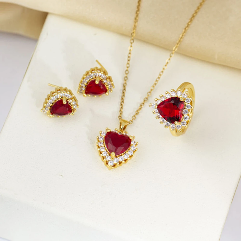 

Sweet Romantic Love Studded with Zircon Ruby Earrings Ring Necklace Stainless Steel Accessories jewellery woman