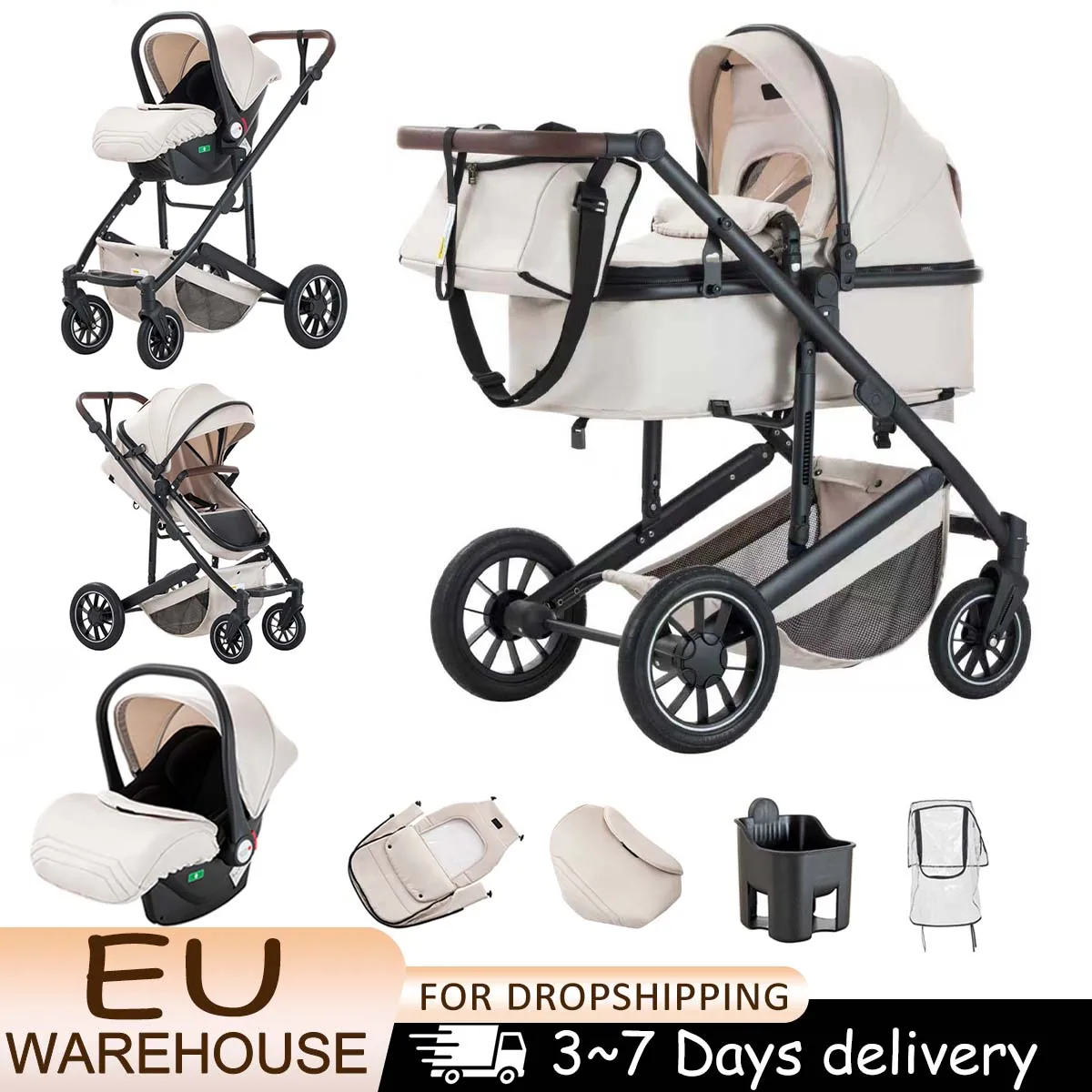 Carrinho de bebê 3 em 1, alta paisagem, dobrável, assento reclinável para recém-nascidos e crianças pequenas, sistema de viagem, berço, assento de carro