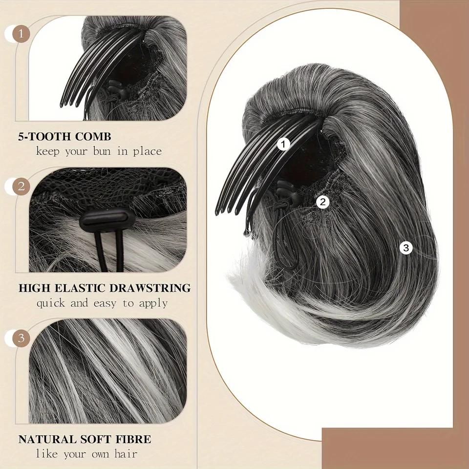 Moño de cabello sintético gris plateado liso, fácil de poner con cordón y clip, estilo básico 2