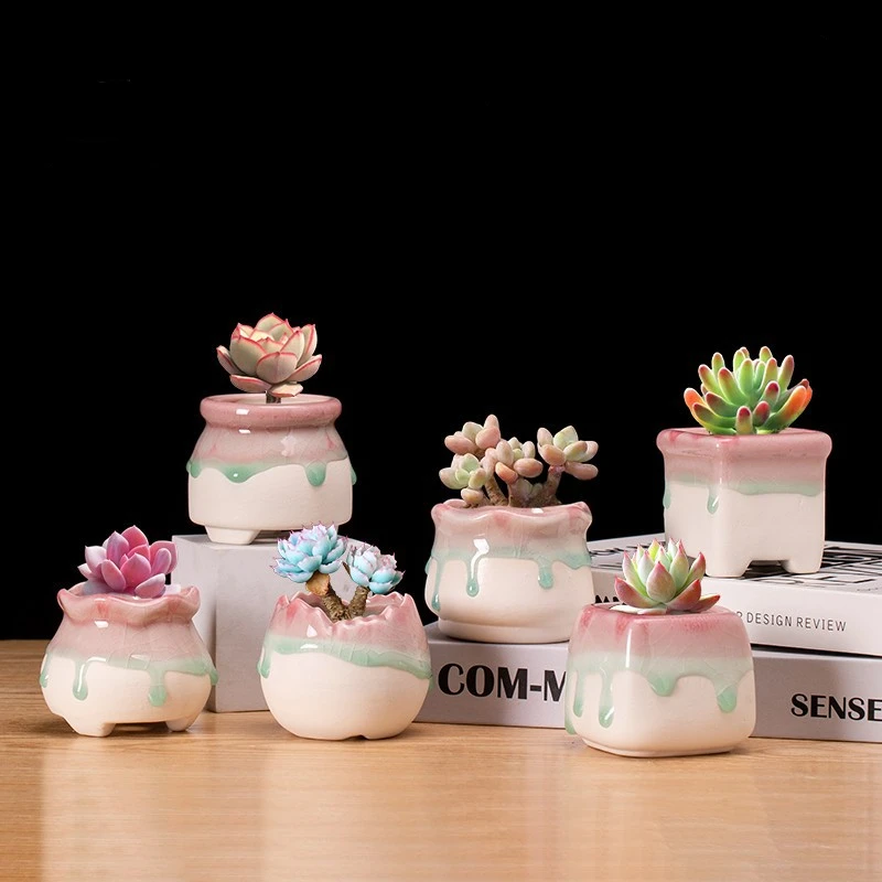 

4/6pcs Creative Succulent Planters Succulent Pot Ice Cracked Flow Glaze Peach Egg Ceramic Green Plant Pot Planter Flower Pot