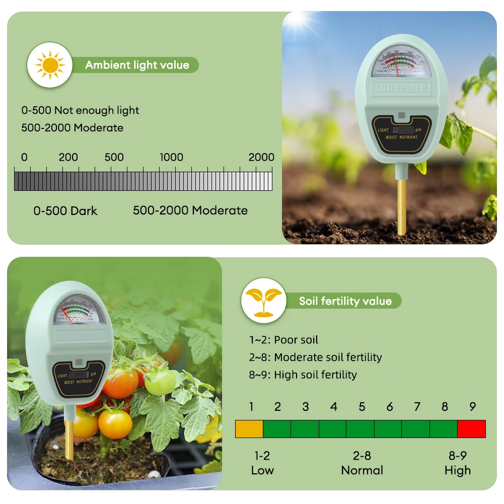 Soil Tester 4 in 1 Humidity Light PH Tester Nutrient Meter 90° Foldable Plant Cultivation Garden Tools for Potting Plant