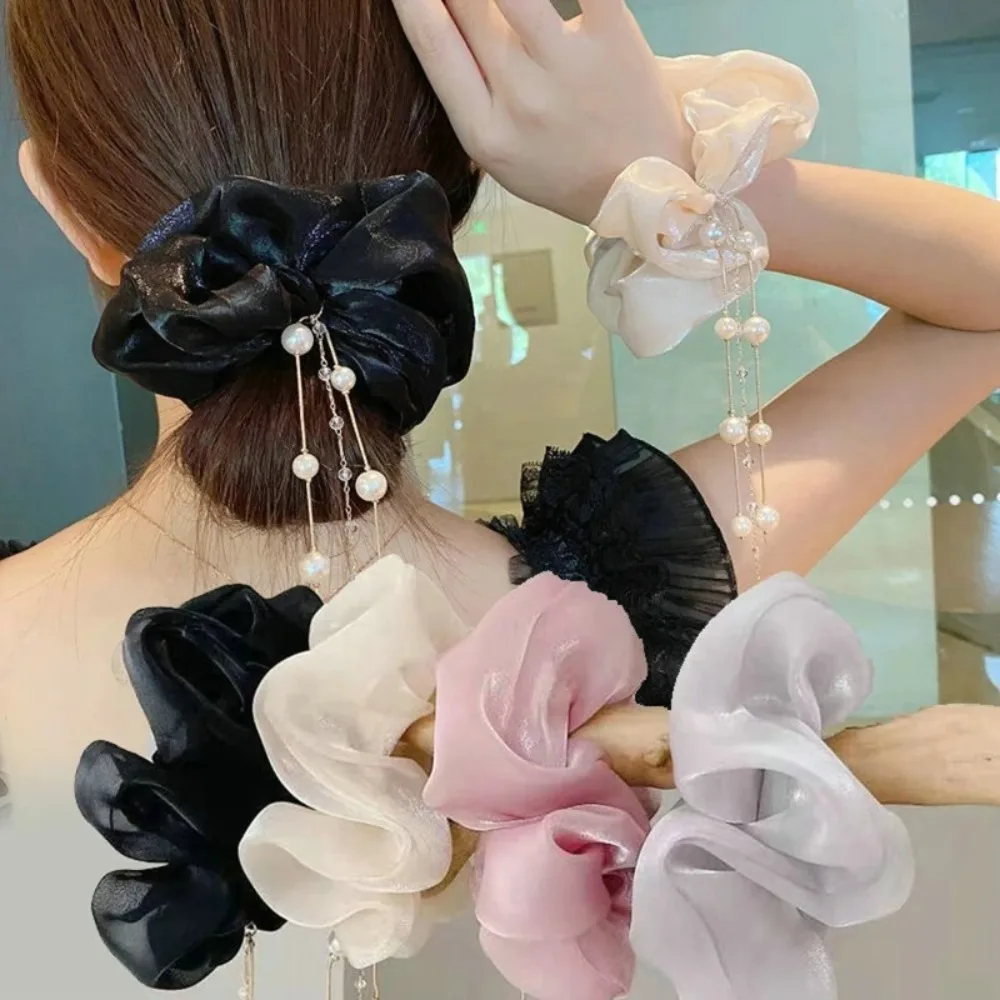 

Oversize Organza Pearl Decorated Shiny Tassel Chiffon Large Intestine Elastic Hair Bands Sweet Hair Tie Scrunchie Accessories