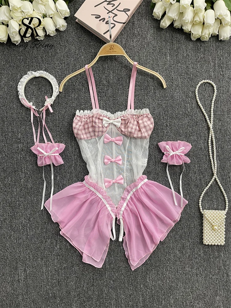 

SINGREINY Cute Maids Uniform Erotic Bodysuits Ladies Cosplay Sheer Slim Playsuits Female Bow Lace Spliced Sexy Lingerie Rompers