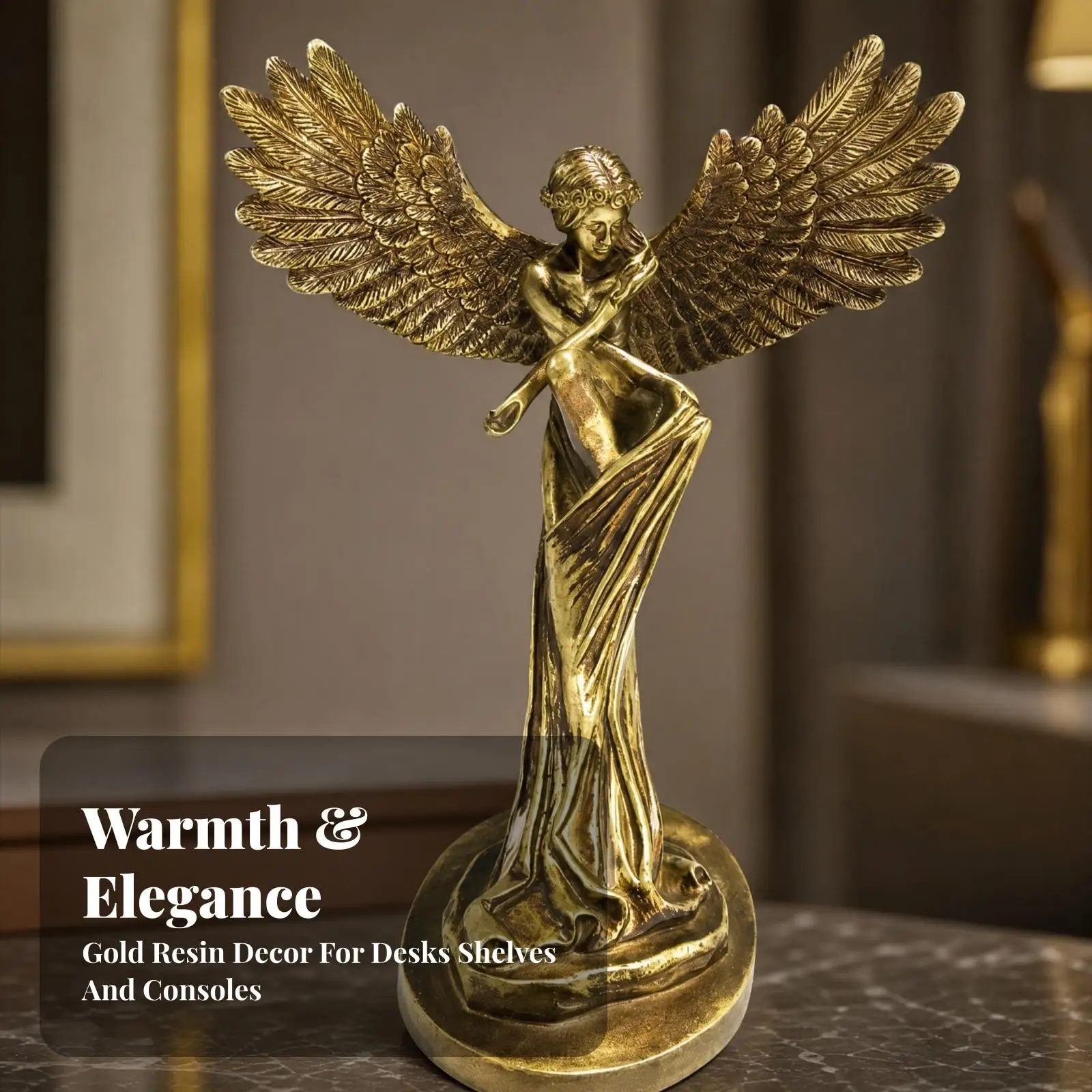 Synthetic Resin Angel Statue Figurine for Living Room Decor Polished Gold Finish Home Accent Piece