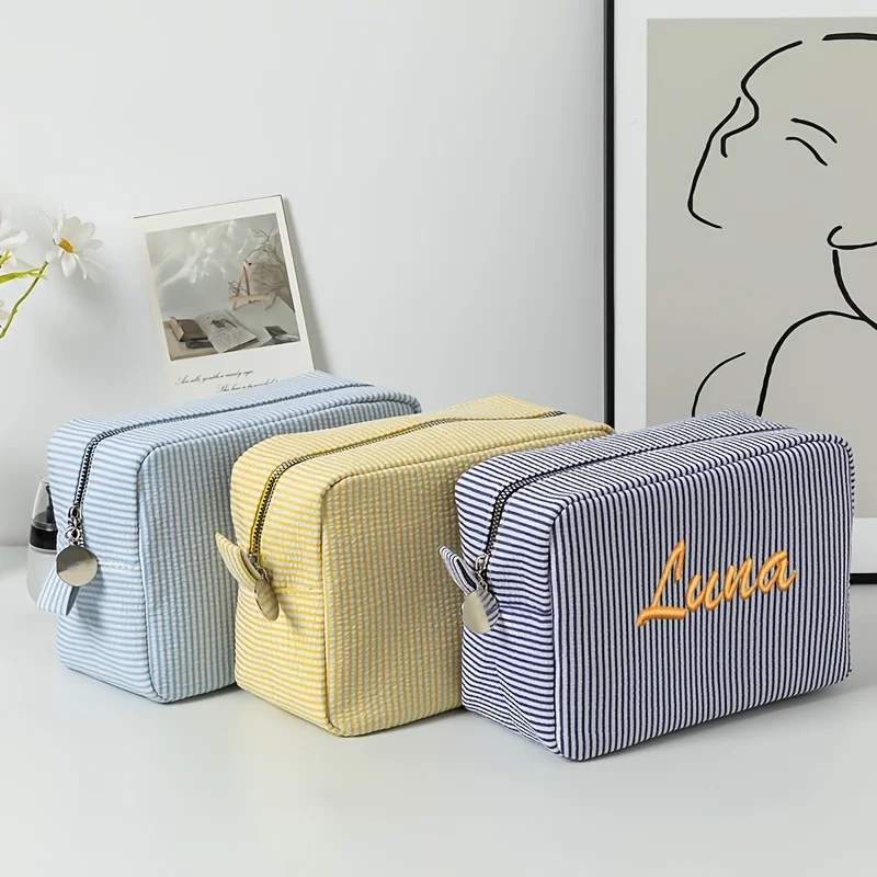 Embroidered Name Seersucker Makeup Bag Personalized Beauty Bridesmaid Monogramed Cosmetic Cases Bridesmaid Gifts,Gift for Her