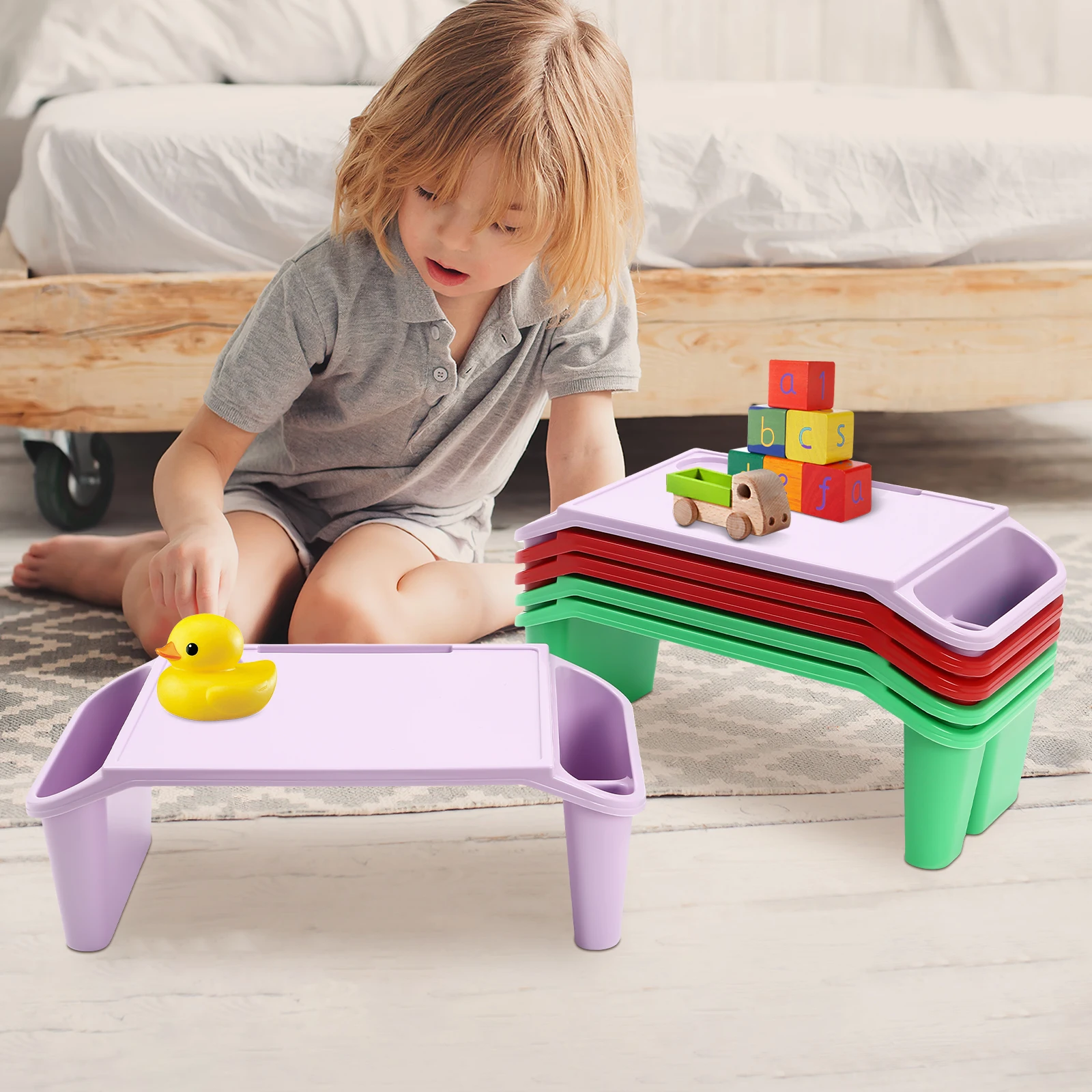 6Pcs Red Green and Purple Children's Laptop Table with Side Storage Multifunctional Movable Dining Table Used in Kindergartens