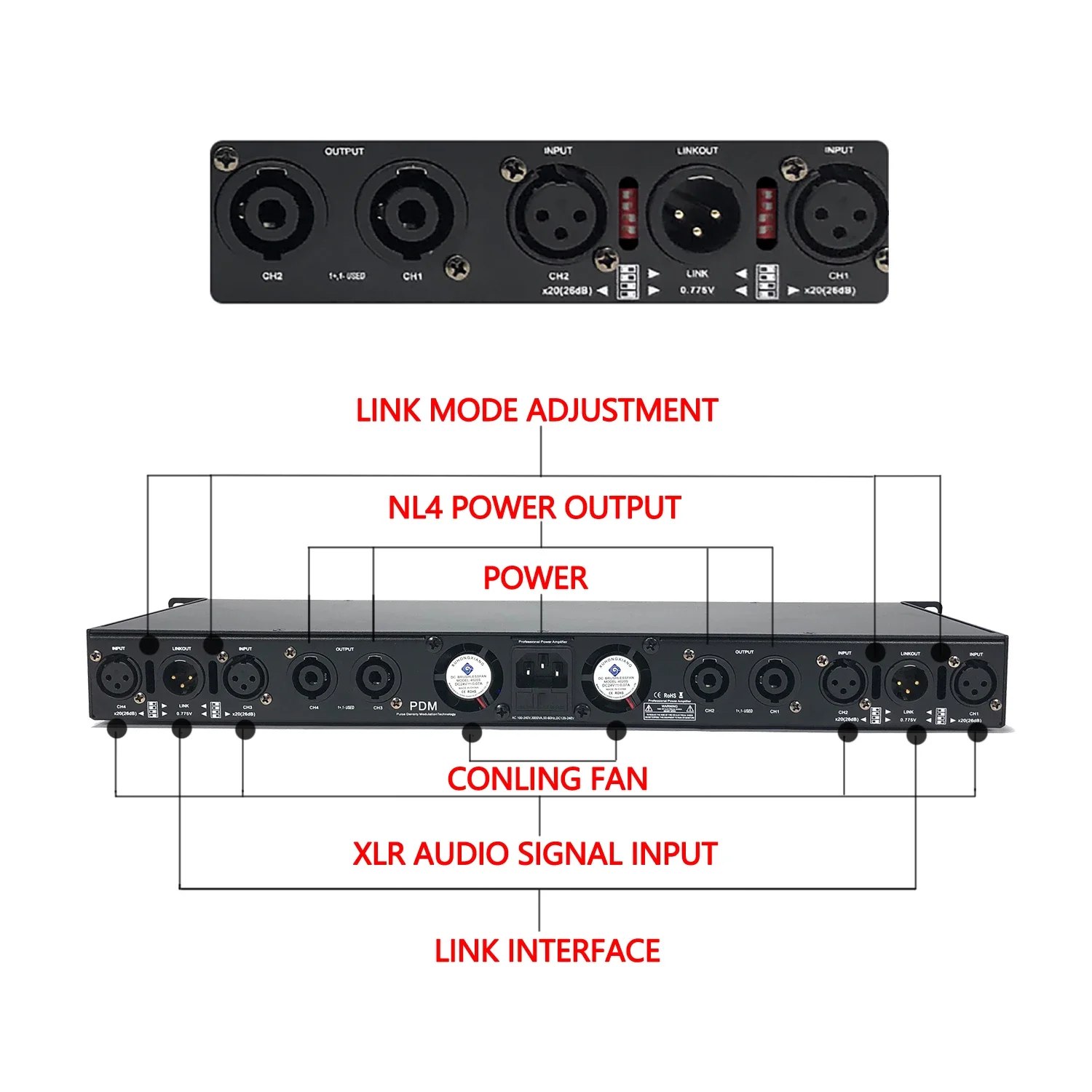 K4 Amplificador de Potência Digital Profissional, 4 Canais, 2000WX4, Tecnologia UPDM, 1U Rack Mount, mais recente geração