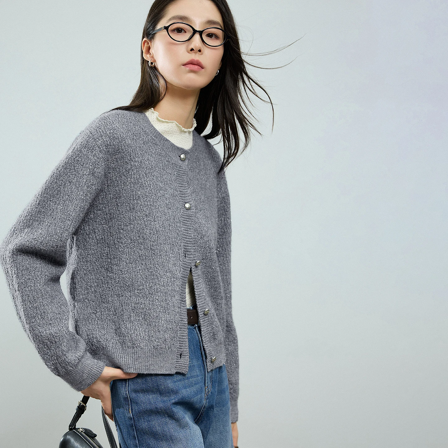 TOYOUTH Women Woolen Cardigan 2025 Autumn New Vintage Twisted Pattern Round Neck Tops Smoke Gray